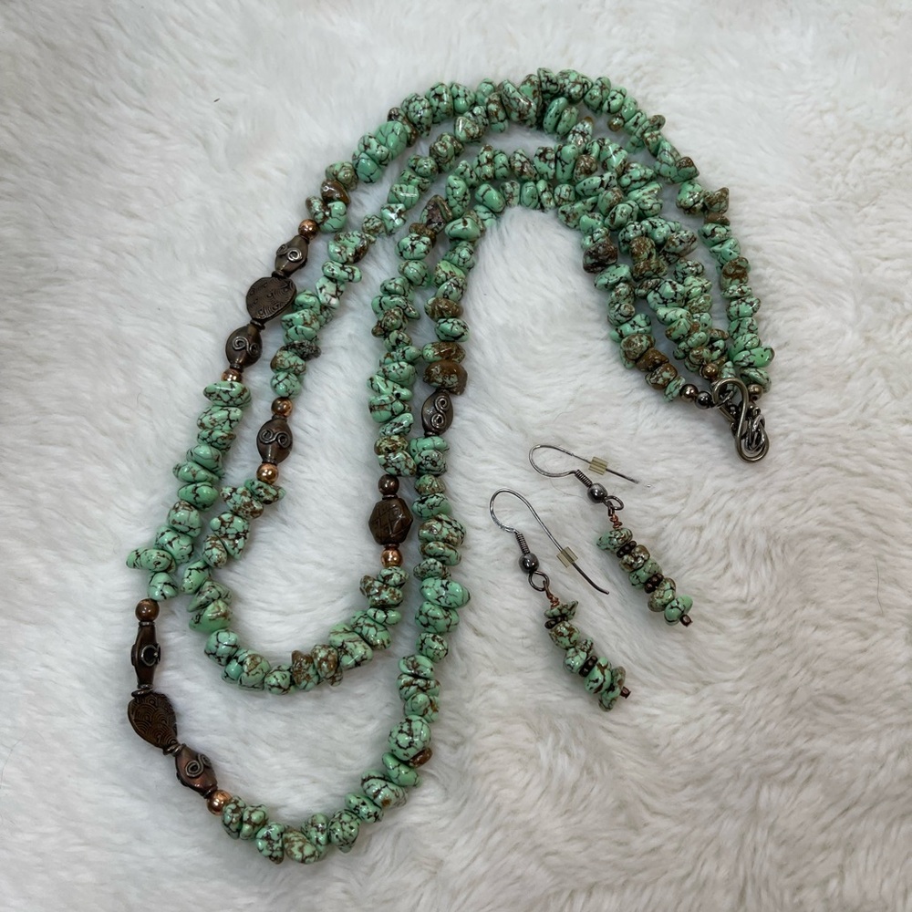 Boho Handmade Green Aventurine Chip Stone Necklace & Earrings Set-Copper Beaded